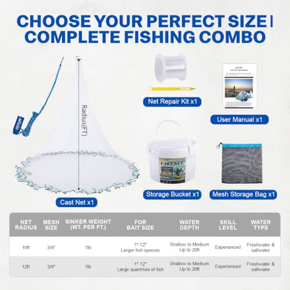 Goture American Fishing Cast Net Saltwater Freshwater,3/8in Mesh Size Casting Net for Bait Fish Shrimp Trap,Heavy Duty Plastic Coated Iron Protected White Sinker,Throw Cast Net with Needle - color: A1:Cast Net with Net Repair Kit, size: 12FT Radius