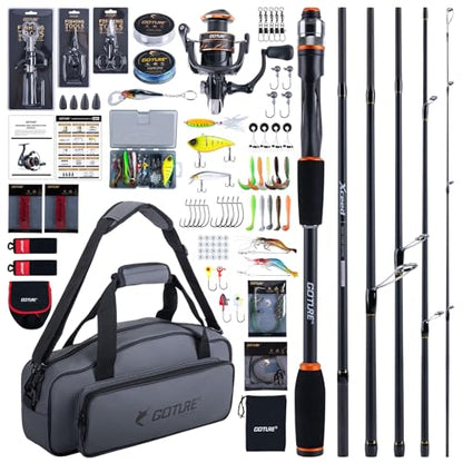 Goture Fishing Rod & Reel Combo-4/6 Piece Fishing Rod Set,Travel Fish Rod | Ultralight Spinning Rod Set w/Fishing Reel, Fishing Tackle Bag, Braided Line, Lures & Hooks Kit - color: Xceed 6 Pieces Rod w/ Soft Fishing Bag, size: 8FT