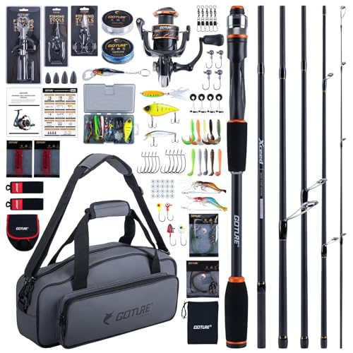 Goture Fishing Rod & Reel Combo-4/6 Piece Fishing Rod Set,Travel Fish Rod | Ultralight Spinning Rod Set w/Fishing Reel, Fishing Tackle Bag, Braided Line, Lures & Hooks Kit - color: Xceed 6 Pieces Rod w/ Soft Fishing Bag, size: 8FT