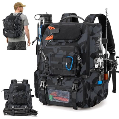 RAINSMORE Fishing Backpack with Rod Holders & Cooler 40L Water Resistant Tackle Backpack with Rain Cover Store Fishing Gear - color: Camouflage