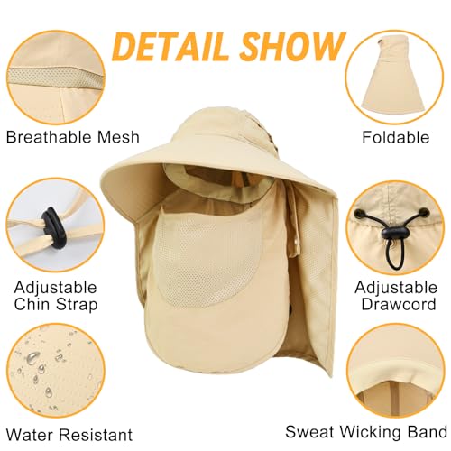 Sun Hats for Men Women Detachable Face Cover Wide Brim Fishing Hats with Neck Flap UPF 50+ Outdoor Safari Hats - color: Beige