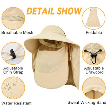 Sun Hats for Men Women Detachable Face Cover Wide Brim Fishing Hats with Neck Flap UPF 50+ Outdoor Safari Hats - color: Beige
