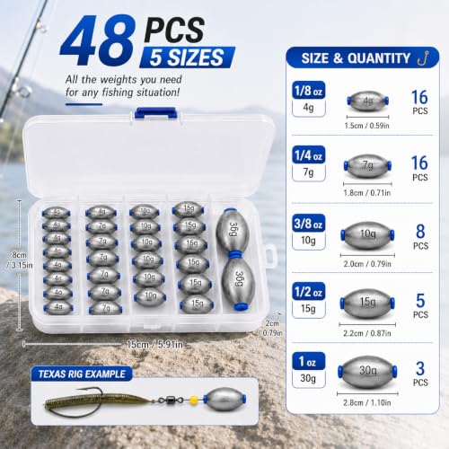 48pcs Egg Sinkers Fishing Weights Kit, Oval Slip Sinkers 1/8oz–1oz Assorted Sizes, Fishing Sinkers Set for Carolina Rig Bass Catfish Surf Freshwater Saltwater Fishing