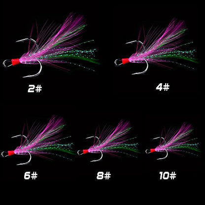 AMHDV Feather Fishing Hooks Strong Treble Hooks Size 2 4 6 8 10 (Pack of 20) - color: Pink and green, size: 2#