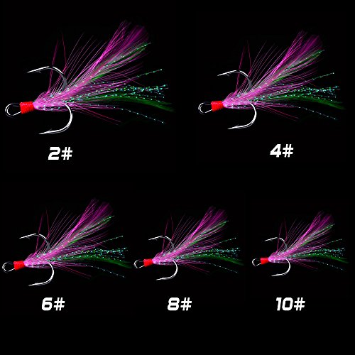 AMHDV Feather Fishing Hooks Strong Treble Hooks Size 2 4 6 8 10 (Pack of 20) - color: Pink and green, size: 8#
