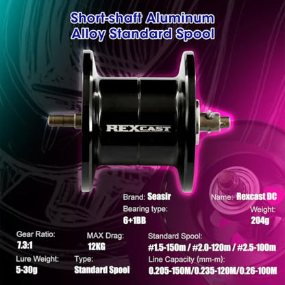 SEASIR Rexcast DC Baitcaster Reel, 3 Modes Digital Control | 7.2oz, Max Drag 24LB, 7.3:1, Ultralight Fishing Reel Freshwater Saltwater, 6+1 BB, Aluminum Handle, Drag Clicker, Grey