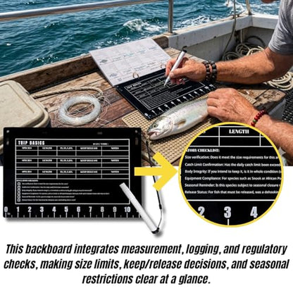 Florida Saltwater Fish & Shark ID Set - 100 Species Waterproof Guide (9.8x7.1") - 11.4" Acrylic Backplate with Integrated 11" Ruler & 40" Folding Fish Tape - Reusable Catch Log & Dry Erase Pen (black)