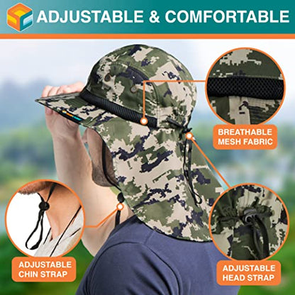 SUN CUBE UPF50+ Sun Hat for Men Women with Neck Flap, Wide Brim UV Protection Fishing Safari Hat for Hiking Beach Gardening - color: Green Camo