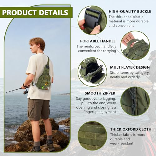 Fishing Backpack Small Fishing Tackle Storage Bag with 3 Methods of Carrying Large Capacity Sling Backpack for Outdoor Hiking Travel Hunting (Army Green) - color: Army Green