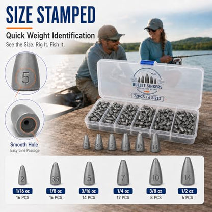 Bullet Fishing Weights Kit, 50/72pcs Size Stamped Lead Worm Weights, 5/6 Sizes Bullet Sinkers for Bass Fishing, Texas Rig, Carolina Rig & Soft Plastic Baits