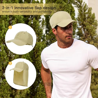 American Trends Mens Sun Hat with Neck Flap, UV Protection Outdoor Flap Hat, Packable Soft Fishing Hiking Gardening Hat - color: Beige