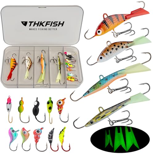 THKFISH Ice Fishing Lures Ice Fishing Jigs Ice Fishing Gear Hard Fishing Lures and Jigs Walleye Ice Fishing Kit Crappie Panfish Pike Jigs,14/26/40PCS - color: C-14PCS