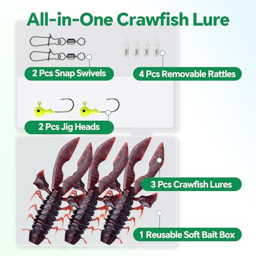 Crawfish Lure 5.5", Soft Plastic Crawdad Creature Bait with Rattles, Weedless Bass Fishing Lure, Realistic Fishing Lures for Freshwater & Saltwater, 3 Pack Red Green Blue - color: Red (box)