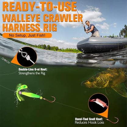 Dovesun Crawler Harness Walleye Rigs with Dual-Wing Blade, Float Walleye Spinner Rig for Slow Trolling (0.25 mph), Fluorocarbon Worm Harness, 2 Hook Walleye Fishing Rigs, 7 Pack - size: Dual #2 Octopus Hooks