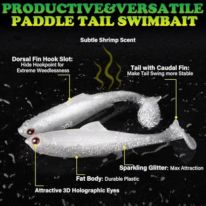 LUCKYFISHING Paddle Tail Swimbaits Soft Plastic Swimbaits Soft Baits for Bass Fishing Trout Crappie Walleye Freshwater Saltwater 10/16/20 PCS Soft Plastic Baits 4/3.5/3/2.5 Inch - color: White, size: 2.5 inch-20pcs