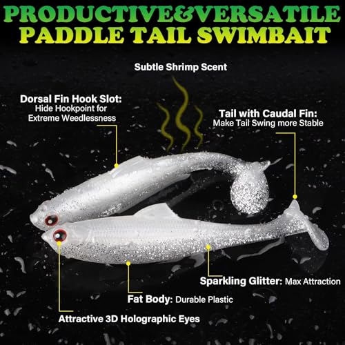 LUCKYFISHING Paddle Tail Swimbaits Soft Plastic Swimbaits Soft Baits for Bass Fishing Trout Crappie Walleye Freshwater Saltwater 10/16/20 PCS Soft Plastic Baits 4/3.5/3/2.5 Inch - color: White, size: 3 inch-16pcs