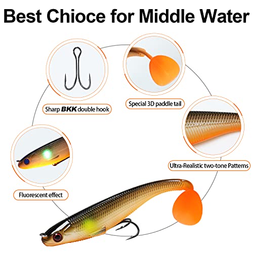 TRUSCEND Shadtale Easy Catch Soft Fishing Lures with BKK Hooks - Trembly Sinking and Vibrating Swim for More Bites, Pre-Rigged Swimbaits for Bass, Trout, Crappie, Walleye, Freshwater Saltwater Fishing - color: A-3",1/6oz
