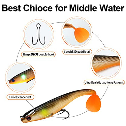 TRUSCEND Shadtale Easy Catch Soft Fishing Lures, Unique Vibration and Action for Various Rigs, Paddle Tail Swimbaits Trailer for Bass, Trout, Crappie, Walleye, Redfish, Saltwater & Freshwater Fishing - color: A1-5",3/4oz