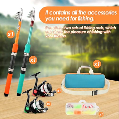Telescopic Fishing Pole Set with Spinning Reel Lure Hook Storage Bag | Compact Collapsible Rod Reel Combo Travel Fishing Gear Starter Kit for Kids Youth Adults - color: Orange+Green