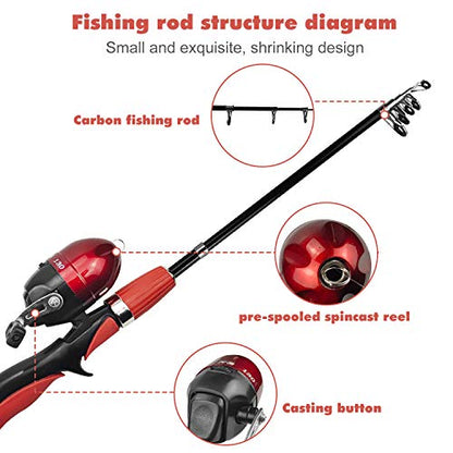 Urban Deco Kids Fishing Pole Set Portable Telescopic Kids Fishing Rod and Reel Combo Kit with Tackle Box for Beginners, Boys,Girls,Youth,Children - color: red