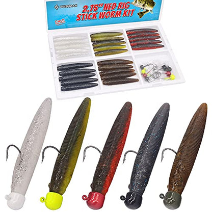 Ned-Rig-Kit-Finesse-Baits-Soft-Plastic-Worms-Fising-Lure for Bass Stick Swimbait Minnow Crawfish Lures Shroom Ned Jig Head Kit - color: 35-Piece 2.75'' #01 Stick Worms Ned Rig Kit