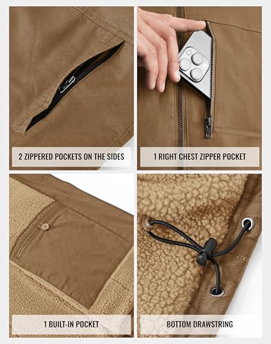 TBMPOY Men's Winter Vest Casual Sherpa Fleece lined Full Zip Lightweight Vest Outerwear Warm Cotton Travel Jackets - color: Khaki, size: XX-Large