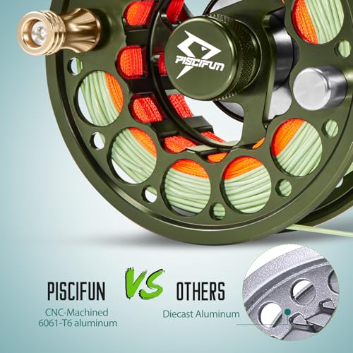Piscifun Sword Fly Fishing Reel, CNC-Machined Aluminum Alloy Fly Reel - size: 3/4wt, style: Olive Green-with Line