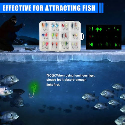 Ice Fishing Jig Kits,Luminous Ice Fishing Lures Micro Jig Head Hooks Fish Gear Tackle Accessories Winter Fishing Jigging for Crappie Pike Panfish Walleye Perch Bluegill - color: Colorful - 24pcs