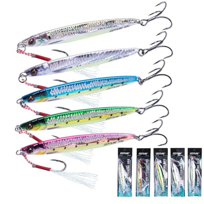 Goture Fishing Jigs, 40g 60g 80g Vertical Jig Saltwater Freshwater, Jig Fishing Lures with Assist Hook and Treble Hook, 5PCS Jigging Spoon Lures, Speed Fast Fall Jigs for Tuna,Salmon,Bass - color: B:5pcs Fishing Jigs, size: 60g