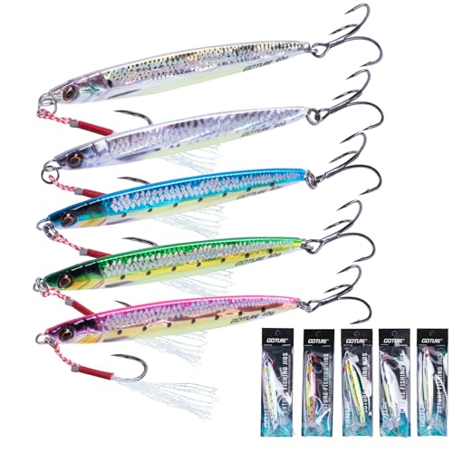 Goture Fishing Jigs, 40g 60g 80g Vertical Jig Saltwater Freshwater, Jig Fishing Lures with Assist Hook and Treble Hook, 5PCS Jigging Spoon Lures, Speed Fast Fall Jigs for Tuna,Salmon,Bass - color: B:5pcs Fishing Jigs, size: 40g