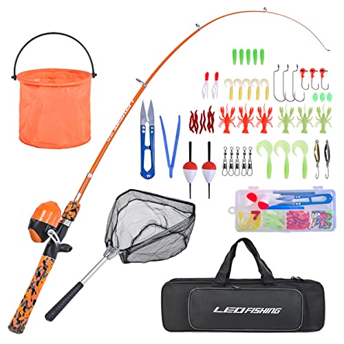 LEOFISHING Kids Fishing Pole Set with Full Starter Kits Portable Telescopic Fishing Rod and Spincast Reel with a Fishing Net and Bucket for Boys Girls and Youth - color: Orange