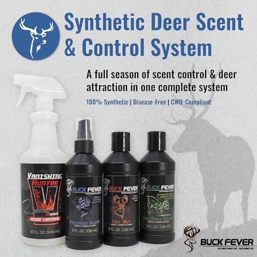 Buck Fever Synthetic Buck Lure Pro Pack – Synthetically Formulated 4-Piece Deer Scent Attractant Combo w/ Vanishing Hunter 32 oz, Rut Scents 8 oz & Forehead Gland 8 oz - Fresh, Non Spoiling Deer Lure