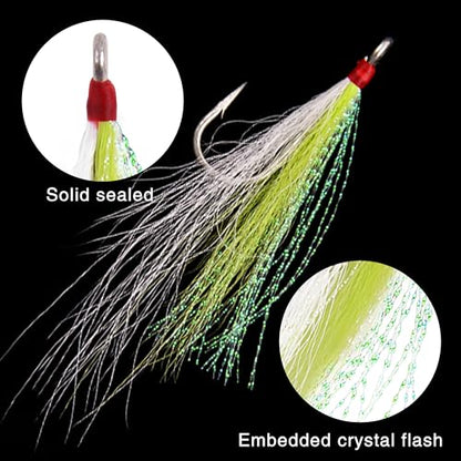 Bucktail Teasers Fishing Hooks Saltwater Flounder Rig Bucktail Mylar Teasers Inserted Stainless Steel Fishing Teaser Hooks for Striped Bass Trout Catfish Cod Flounder Hi/Lo Rig Jigs Spoons Lures - color: Green, size: 12pcs