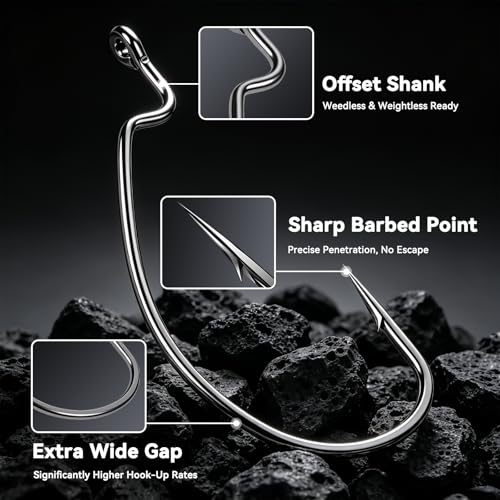 Ewg Hooks for Bass Fishing Hooks,Alloy High Carbon Steel Worm Hooks,Extra Wide Gap Offset Fish Hooks Texas Rig Fish Hooks for Bass Trout Freshwater Saltwater #6#4#2 1/0 2/0 4/0 5/0 - size: #5/0_25pcs