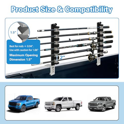 Truck Bed Fishing Rod Holder - 6 Rod Capacity with EVA Foam, Aluminum C-Clamp Mount, No Drill Installation, Fits Truck Bed & Boats