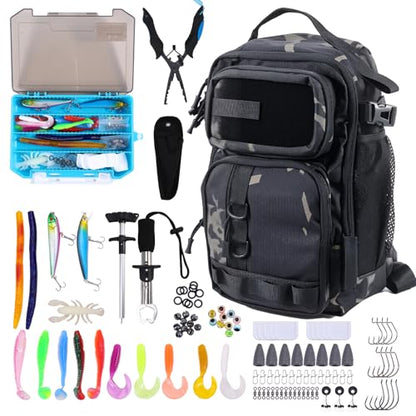 Jaylene 16.5Inch Fishing Backpack with Tackle Boxes, Fishing Backpack with Rod Holder, Waterproof Sling Tackle Bag For Gear With Lures, Pliers, Fish Lip Gripper Gifts for Men（103PCS Tool Kit）