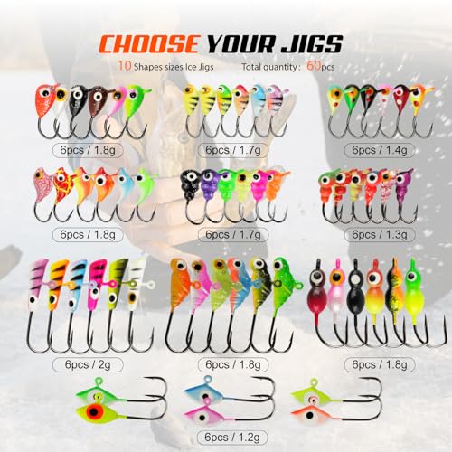 Ice Fishing Jigs Kit, 36/60/100pcs Micro Jig Heads Lures Hook Set for Winter Ice Jigging, Panfish, Perch, Trout, Bluegill, Walleye, Crappie Ice Fishing Lures Hooks Set with Storage Box - color: B -60pcs Ice fishing jigs (10 Style)