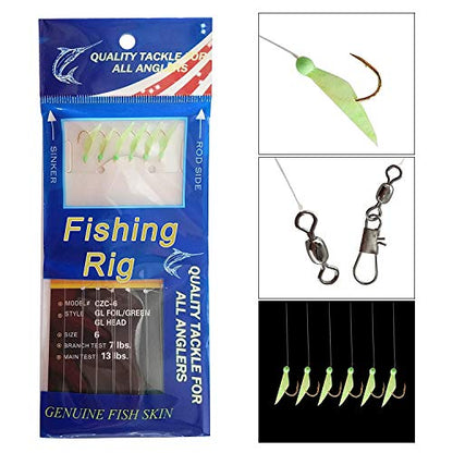 Fishing Bait Rigs Saltwater, 10Packs Surf Fishing Rigs with Fish Skin Feather Fishing Hooks Swivels Glow Beads Rigs Sea Bass Rigs Fishing Bait Lures - color: CZC, size: 6#