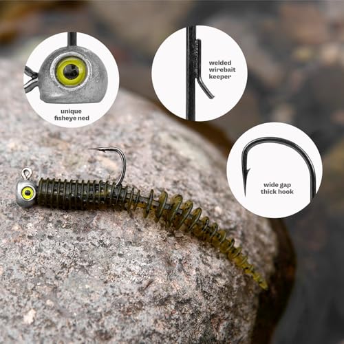 15-Pack Fish Eye Ned Rig Jig Heads with Welded Wire Bait Keeper – 1/16 3/32 1/8 3/16 1/4oz with 2/0 3/0 Hooks, Chartreuse Eyes, Secure Finesse TRD Hookup for Bass Fishing - size: 3/32oz - 15Pack