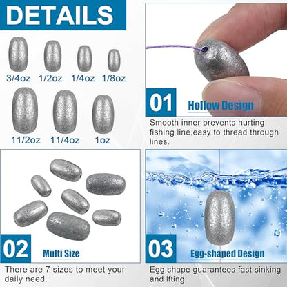 Egg Sinkers Fishing Weights Oval Shaped Fishing Weights Sinker Sliding Sinkers for Fishing Line Bass Casting Sinker Worm Weight Catfish Weights Fishing Sinkers for Saltwater Freshwater Fishing - size: 1/2 oz_20pcs