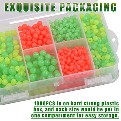 AGOOL Fishing Beads Assorted Set, 1000pcs Glow Beads Fishing Bait Eggs Soft Plastic Oval Round Luminous Beads Fishing Line Beads Fishing Lures Fishing Tackle Tool for Deep Drop Fishing Night Fishing