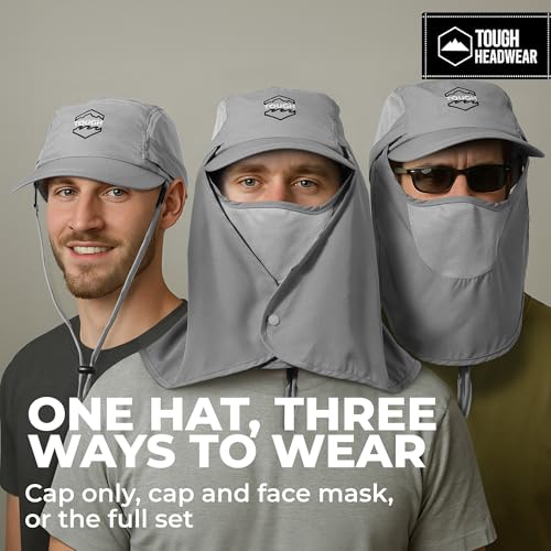 Tough Headwear Fishing Cap w/Face Mask & Neck Flap - Sun Protection Hat with UPF 50 -Landscaping Hats for Women and Men - color: Grey