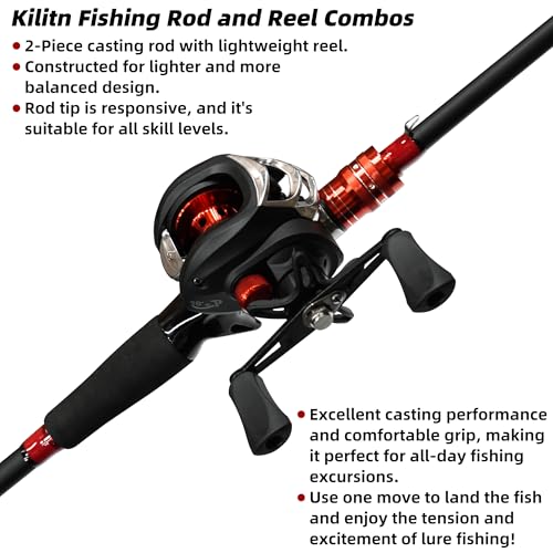 Kilitn Fishing Rod and Reel Combo, Baitcasting Combo Baitcast Reel, 6 Foot 7 Foot 2-Piece, Durable Fiberglass Wrapped Carbon Fiber Rod with Comfortable EVA Handle - style: Left-hand Reel - 6 Ft 2 Piece Rod