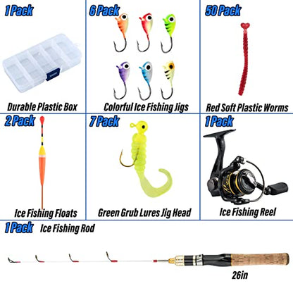 Dr.Fish Ice Fishing Rod and Reel Combo Ice Fishing Poles Gear Complete Kit Winter Spinning Pole and Reel Package Travel Jigs Lures Tackle
