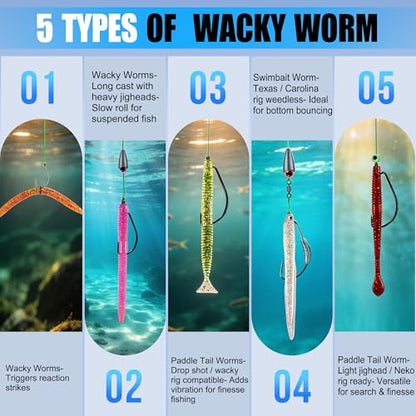 PLUSINNO Wacky Worm Fishing Lure Kit, Soft Plastic Fishing Lures, Grub Baits Hook Wacky Rig Bass Trout Fishing Worms Lures w/Tackle Box - color: 220PCS Wacky Worm Fishing Lure Kit