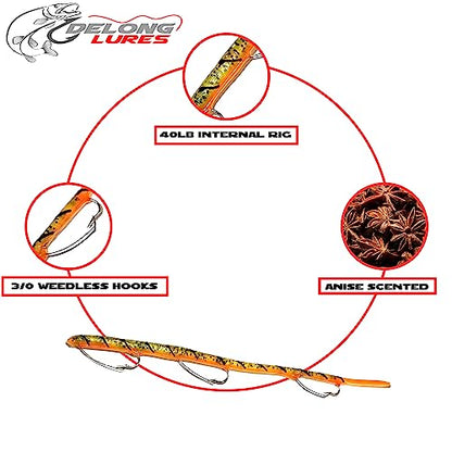 DELONG LURES: Weedless Fishing Lures 9" Pre-Rigged Fishing Worms - Weedless Bass Fishing Lures, Prerigged Soft Plastic Worm Fishing Lures for Bass, Pike, Bass Lures Baits Tackle