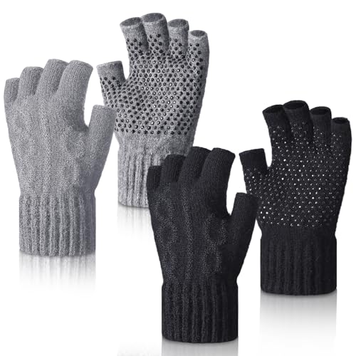 Geyoga 2 Pairs Wool Fingerless Fishing Gloves for Men Women Anti-Slip with Grip Dots Warm Winter Fly Ice Fishing Gloves - color: Black and Gray, style: Fingerless