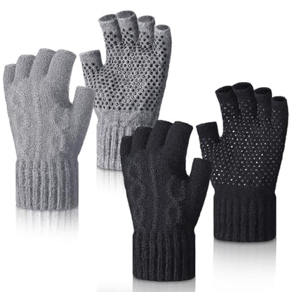 Geyoga 2 Pairs Wool Fingerless Fishing Gloves for Men Women Anti-Slip with Grip Dots Warm Winter Fly Ice Fishing Gloves - color: Black and Gray, style: Fingerless