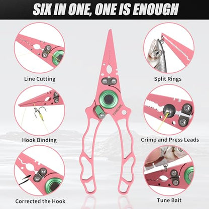 Fishing Pliers with Innovative Ergonomical Handle, Corrosion Saltwater Resistant,Fishing Multitool Hook Remover Braided Fishing Line Cutting, Split Ring with Coiled Lanyard and Sheath - color: Pink-6.6"