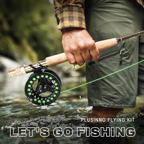 PLUSINNO Fly Fishing Rod and Reel Combo, 4 Piece Lightweight Ultra-Portable Graphite Fly Rod 5/6 Complete Starter Package with Carrier Bag